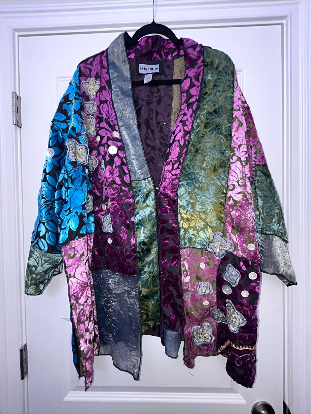 Indigo Moon Patchwork Mix Print Embellished Long Sleeve One Button Kimono Jacket - Picture 5 of 11
